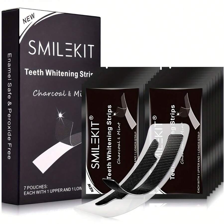 SMILEKIT 牙齒美白貼布,竹炭弄髒移動,28入組/盒,口腔衛生護理,牙漂和美白 - 黑與白 - 查看 1
