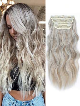 4PCS Hair Extensions Clip in Platinum Blonde with Dark Gold 20Inch Hair Extension Long Wavy Full Head Clip in Hair Extension Synthetic Fiber Hair Pieces for Women