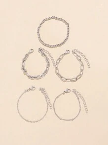 Conjunto de 5 pulseiras de metal minimalistas com corrente e contas vazadas para mulheres (quantidade aleatória de contas)
