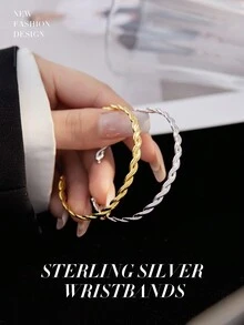 Under the banyan tree 1 件簡約 925 純銀扭絲和開口手鐲女式,ins 風格流行簡約設計腕帶 - 金色 - 查看 1