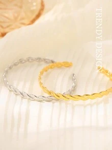 Under the banyan tree 1 件簡約 925 純銀扭絲和開口手鐲女式,ins 風格流行簡約設計腕帶 - 金色 - 查看 4