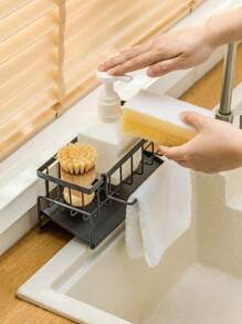 1pc Kitchen Storage Rack, Sink Side Storage Shelf, Drain Rack, Sponge Organizer, Small Items Storage Shelf - Black - View 4