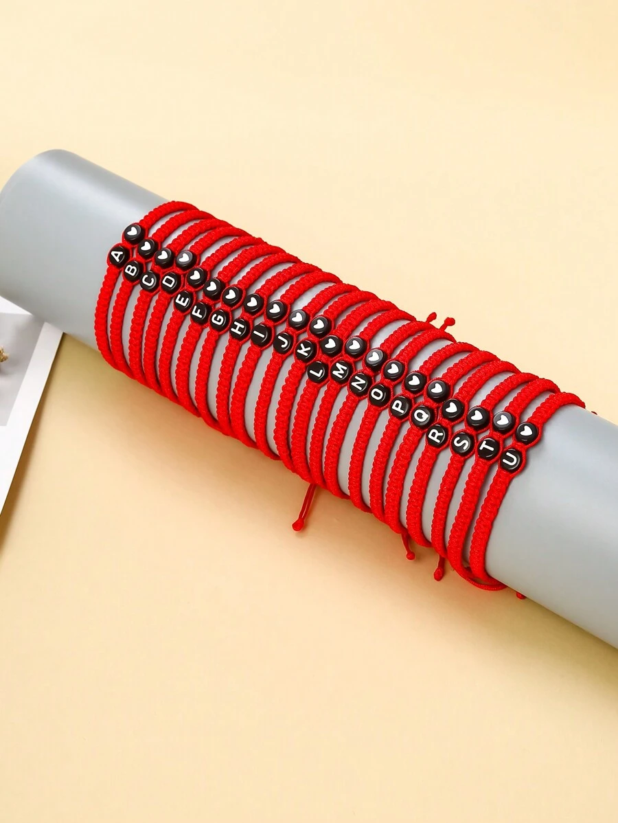 1件手工字母心形串珠手链 女士可调节饰品 - 紅色 - 查看 1