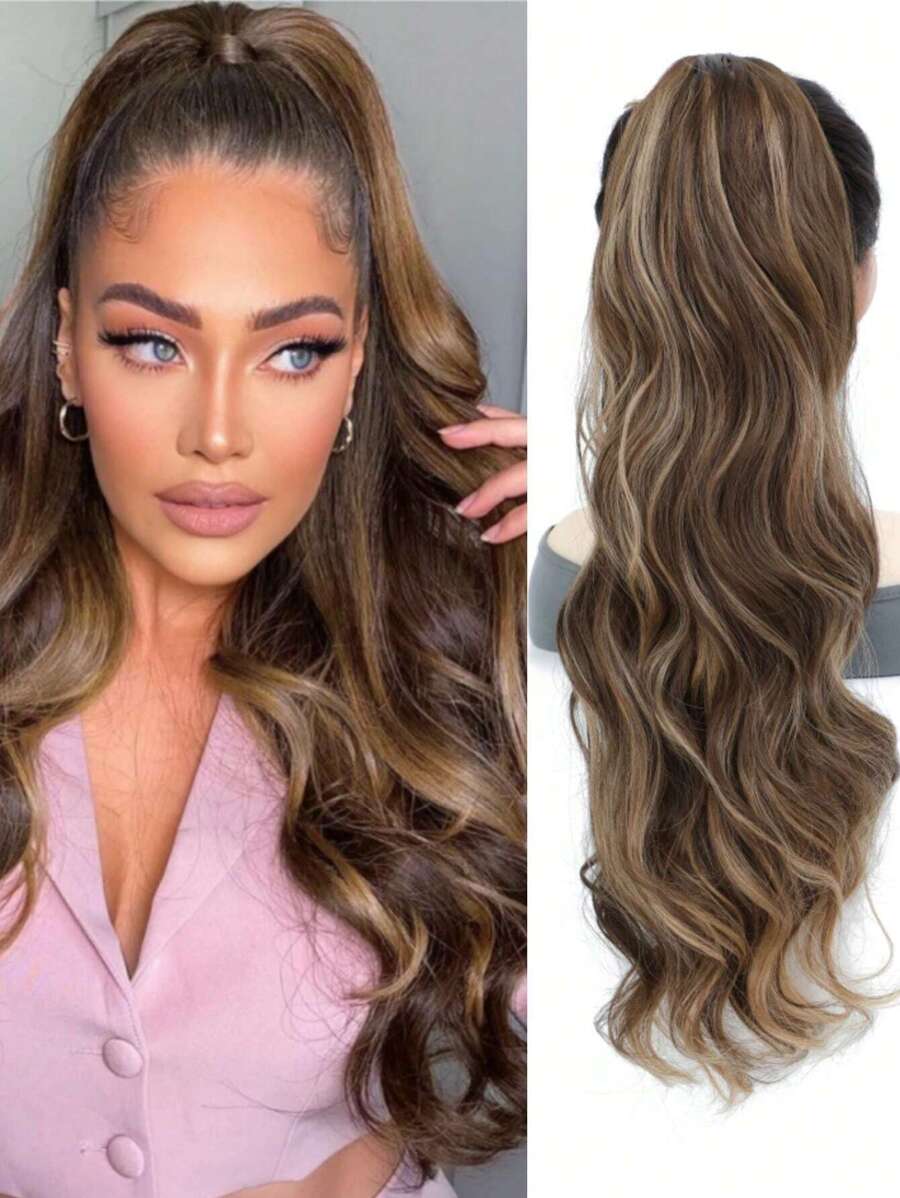 马尾接发，合成 26 英寸长波浪夹式马尾接发，适合女性日常使用