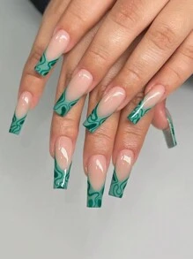 24入組中等大小的棺材假指甲-包括綠色波浪設計的人造假指甲壓克力假指甲-裸色底部自然光澤的假指甲全覆蓋假指甲貼片適用於女性和女孩diy和1片膠帶和1個指甲墊 - 彩色 - 查看 1