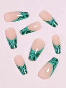 24入組中等大小的棺材假指甲-包括綠色波浪設計的人造假指甲壓克力假指甲-裸色底部自然光澤的假指甲全覆蓋假指甲貼片適用於女性和女孩diy和1片膠帶和1個指甲墊 - 彩色 - 查看 8