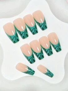 24入組中等大小的棺材假指甲-包括綠色波浪設計的人造假指甲壓克力假指甲-裸色底部自然光澤的假指甲全覆蓋假指甲貼片適用於女性和女孩diy和1片膠帶和1個指甲墊 - 彩色 - 查看 4