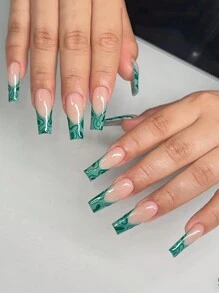 24入組中等大小的棺材假指甲-包括綠色波浪設計的人造假指甲壓克力假指甲-裸色底部自然光澤的假指甲全覆蓋假指甲貼片適用於女性和女孩diy和1片膠帶和1個指甲墊 - 彩色 - 查看 3