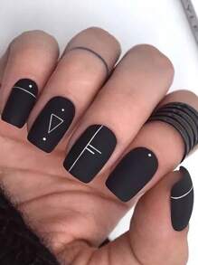 24入組短款黑色方頭極簡線條和幾何風格霧面和波點圖案指甲藝術套裝，可拆卸式假指甲貼片，適用於節日，派對，約會和日常穿著等各種場合，以增強您的優雅風格。 - 黑色 - 查看 1