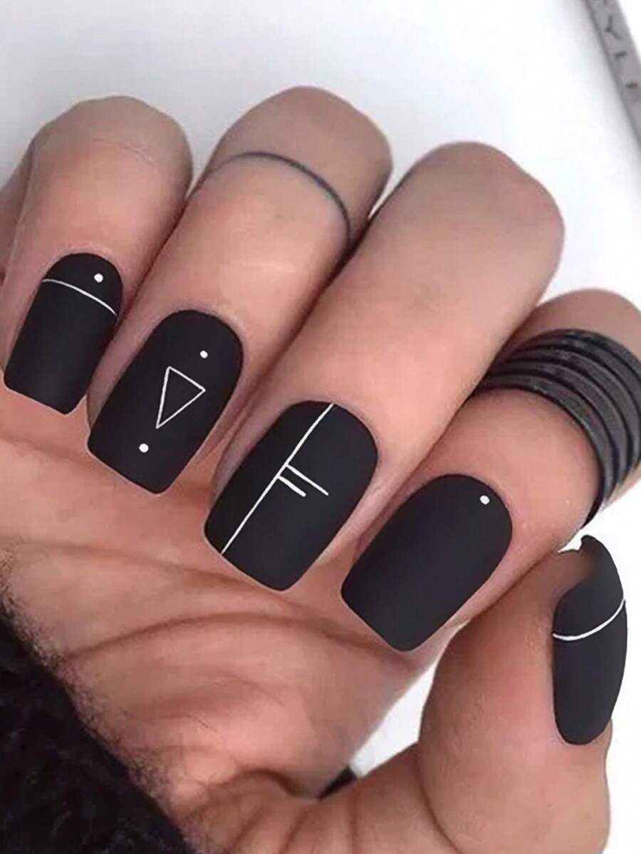 24入組短款黑色方頭極簡線條和幾何風格霧面和波點圖案指甲藝術套裝，可拆卸式假指甲貼片，適用於節日，派對，約會和日常穿著等各種場合，以增強您的優雅風格。 - 黑色 - 查看 1