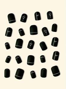 24入組短款黑色方頭極簡線條和幾何風格霧面和波點圖案指甲藝術套裝，可拆卸式假指甲貼片，適用於節日，派對，約會和日常穿著等各種場合，以增強您的優雅風格。 - 黑色 - 查看 3