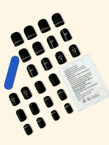 24入組短款黑色方頭極簡線條和幾何風格霧面和波點圖案指甲藝術套裝，可拆卸式假指甲貼片，適用於節日，派對，約會和日常穿著等各種場合，以增強您的優雅風格。 - 黑色 - 查看 2