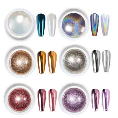 6罐Y2K美学粉，6色全息效果美甲粉套装，闪亮美甲闪粉，带镜面效果，适用于美甲设计装饰DIY美甲饰品、美甲宝石、美甲用品