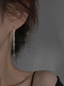 1對優雅簡約星光閃爍長流蘇耳環,適合女性日常和派對穿著 - 銀色 - 查看 2