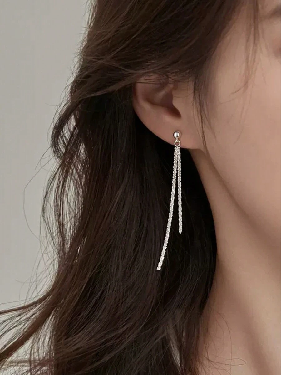 1對優雅簡約星光閃爍長流蘇耳環,適合女性日常和派對穿著 - 銀色 - 查看 1