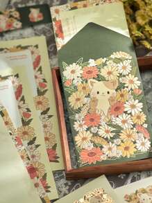 12pcs Fresh Daisy & Cat Gold Foil Diy Message Greeting Cards And Envelopes - Multicolor - View 1