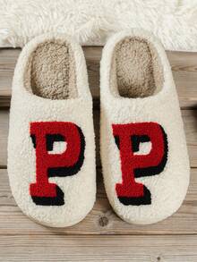 Của phụ nữ Mùa thu Mùa Đông Plush ấm áp Dép đi trong nhà Với Thêu Chữ , Gót phẳng , Giải trí Và Thoải mái Phòng ngủ Vật dụng trong nhà Giày dép - Đỏ - Xem 2