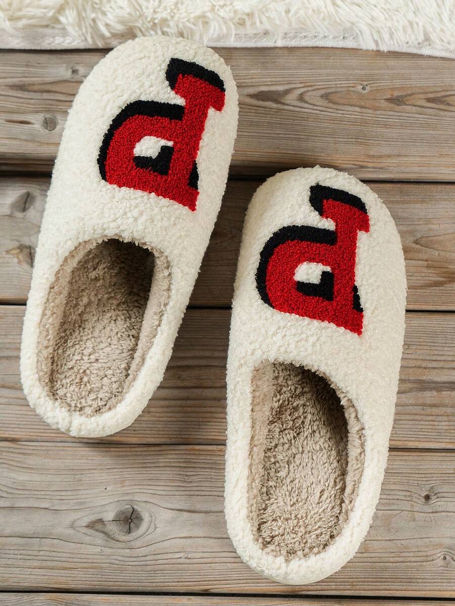 Của phụ nữ Mùa thu Mùa Đông Plush ấm áp Dép đi trong nhà Với Thêu Chữ , Gót phẳng , Giải trí Và Thoải mái Phòng ngủ Vật dụng trong nhà Giày dép - Đỏ - Xem 1