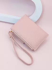 MINGYOU 时尚柔软 PU 皮革纹理短款手拿包钱包，配有手带和拉链口袋，身份证卡夹，女士热粉色女士钱包钱包小钱包 - 粉色 - 查看 1