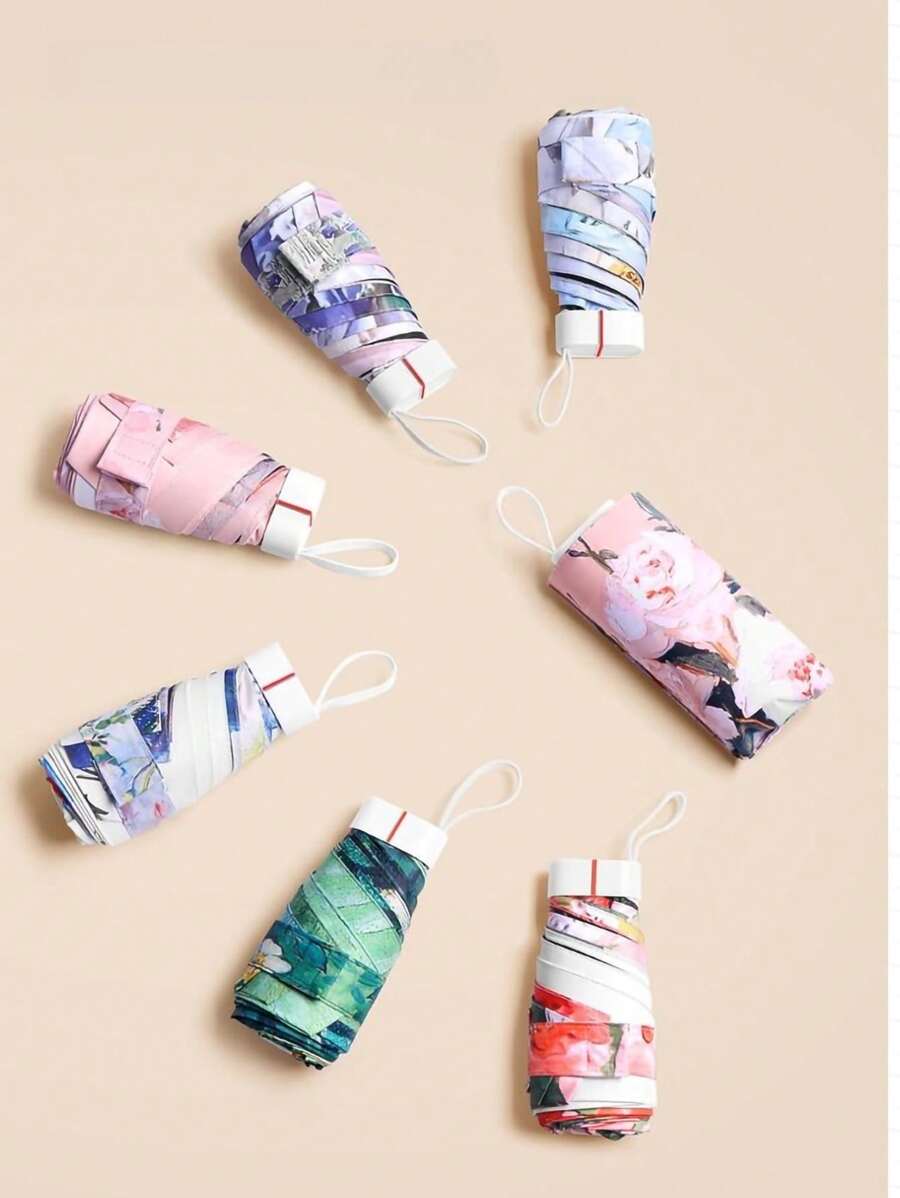 1 件超轻迷你口袋伞，创意油画和黑色涂层，6 折叠防紫外线防晒伞，平板伞防辐射，方便便携女士时尚且极具吸引力的花朵图案，适合晴天和雨天 - 時尚印花扁傘 - 查看 1