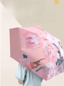 1 件超轻迷你口袋伞，创意油画和黑色涂层，6 折叠防紫外线防晒伞，平板伞防辐射，方便便携女士时尚且极具吸引力的花朵图案，适合晴天和雨天 - 時尚印花扁傘 - 查看 4