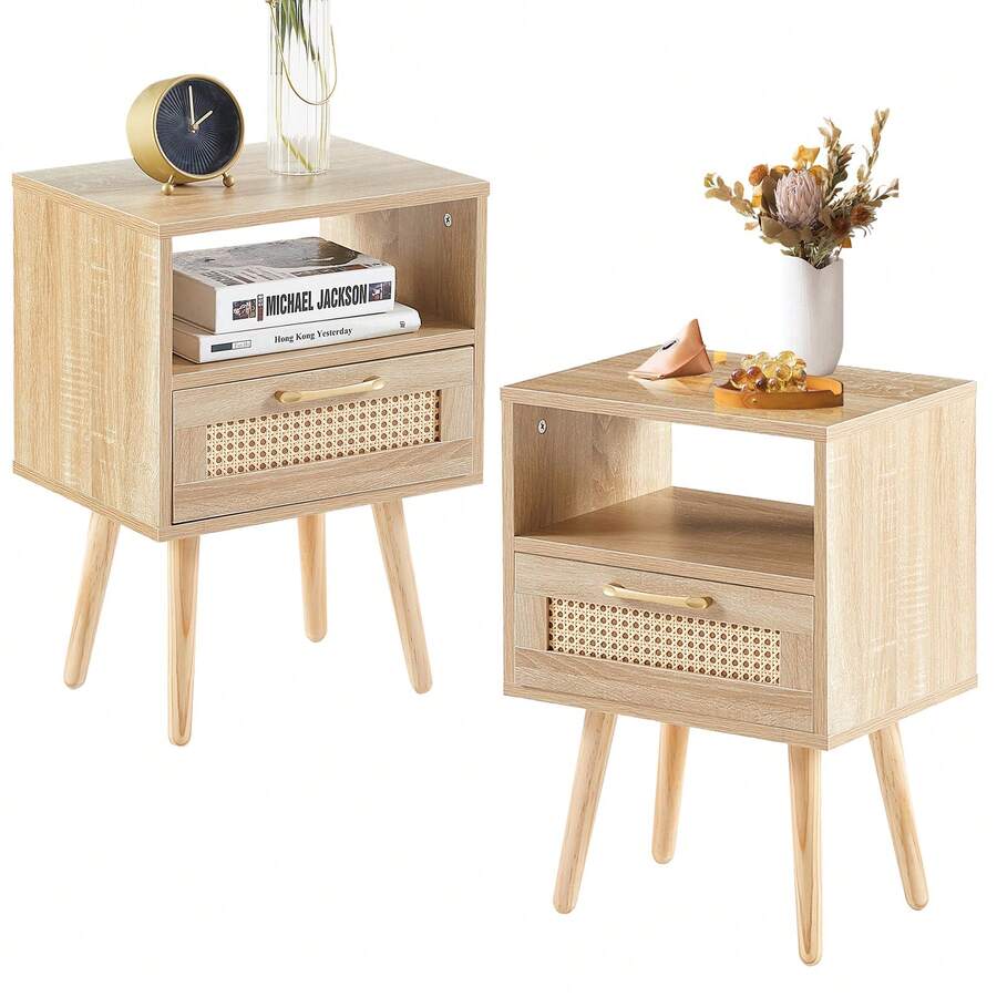 Rattan Nightstands Set of 2, with Rattan Decor Drawer and Open Shelf, Bed Side Tables with Solid Wood Feet, End Table, Night Stands, for Bedroom, Living Room - 棕色 - 查看 1