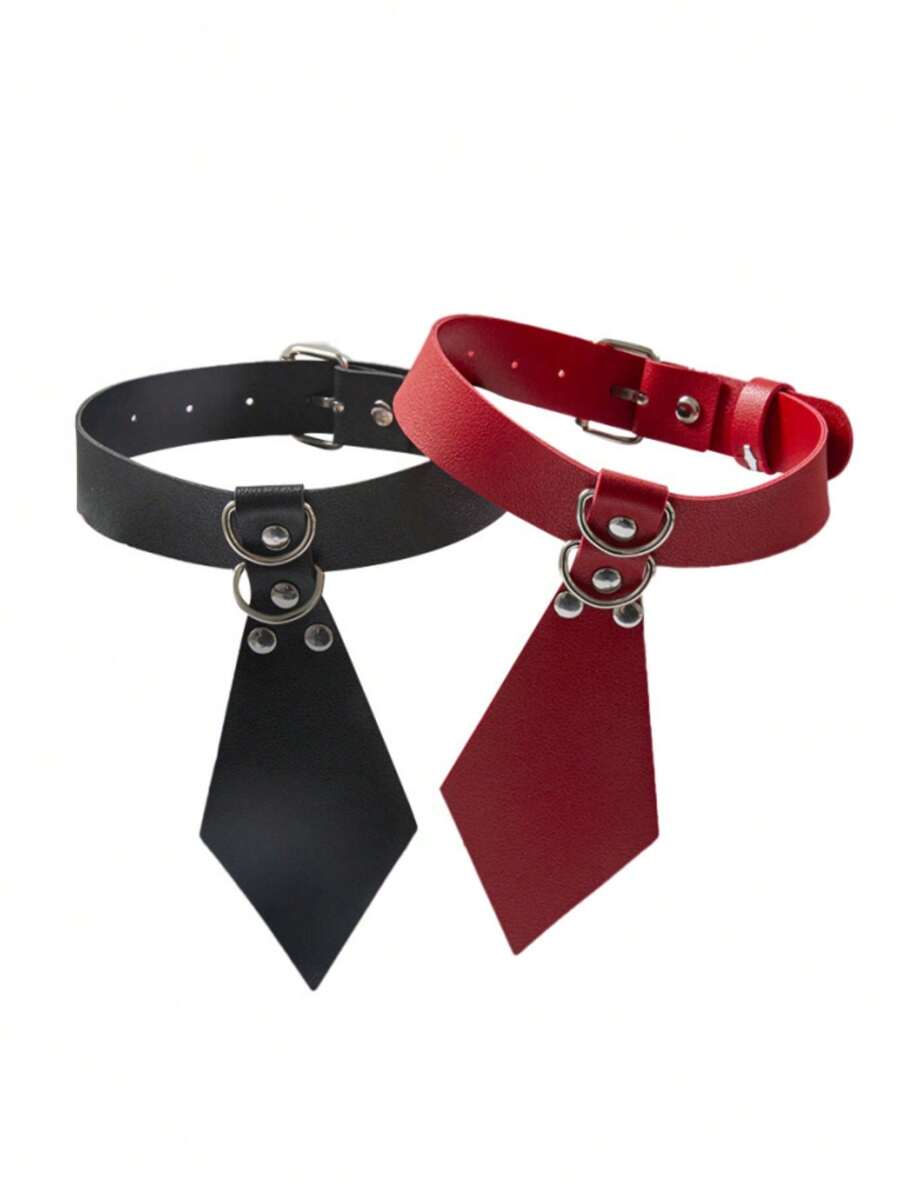 2 件龐克風格皮革項圈,正式領帶設計,項鍊或領帶,適合女士男士 - 彩色 - 查看 1