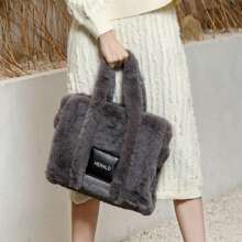秋冬女式大號手提包柔軟冬季蓬鬆毛絨毛絨頂部提手錢包和手提包帶肩帶(灰色) - 灰色 - 查看 1