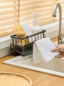 1pc Kitchen Storage Rack, Sink Side Storage Shelf, Drain Rack, Sponge Organizer, Small Items Storage Shelf - Black - View 1