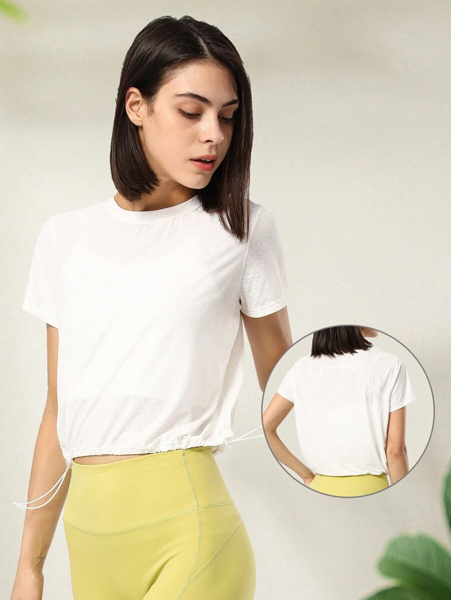 Sodalemon 可調節抽繩提花圓領寬鬆瑜伽t卹 - 白色 - 查看 1