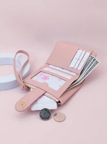 MINGYOU 时尚柔软 PU 皮革纹理短款手拿包钱包，配有手带和拉链口袋，身份证卡夹，女士热粉色女士钱包钱包小钱包 - 粉色 - 查看 2