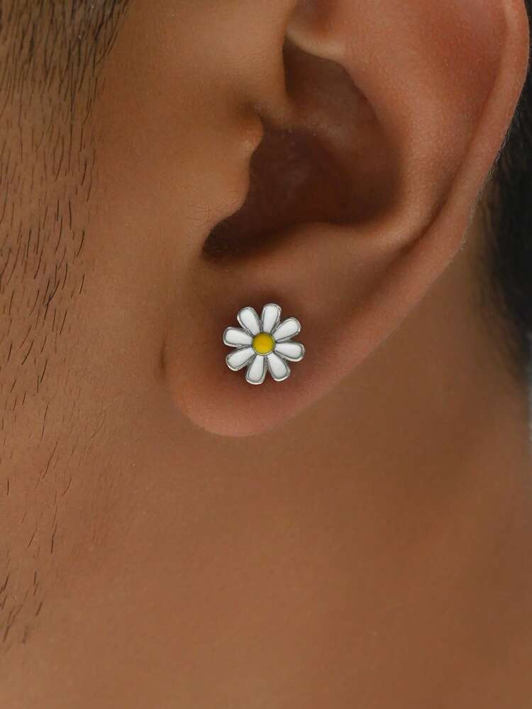Stainless Steel Ear Bone Stud In Enamel Daisy Oil Drop With Screw And Thread Design, Vintage And Unisex Hip-hop Style Earring For Couple