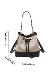 1 件 PU 皮革与帆布拼接抽绳女士手提包、单肩包和斜挎包，适合各种场合 - 黑色 - 查看 9