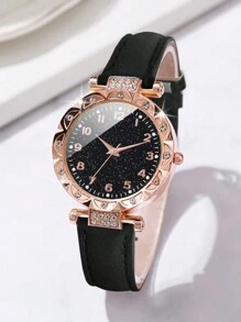 Đồng hồ đeo tay thạch anh thời trang dành cho nữ có đính đá Rhinestone & mặt số tối giản, cùng với bộ vòng tay hình trái tim đính đá Rhinestone nguyên khối (2 chiếc/bộ) làm quà tặng cho học sinh trở lại trường vào ngày lễ tình nhân - màu đen - Xem 4