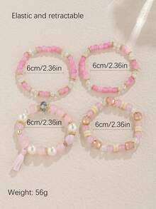 4pcs/Set Bohemian Style Multilayer Elastic Pink Beaded Handmade Bracelet Jewelry - Pink - View 3