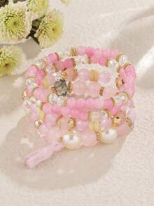 4pcs/Set Bohemian Style Multilayer Elastic Pink Beaded Handmade Bracelet Jewelry - Pink - View 1