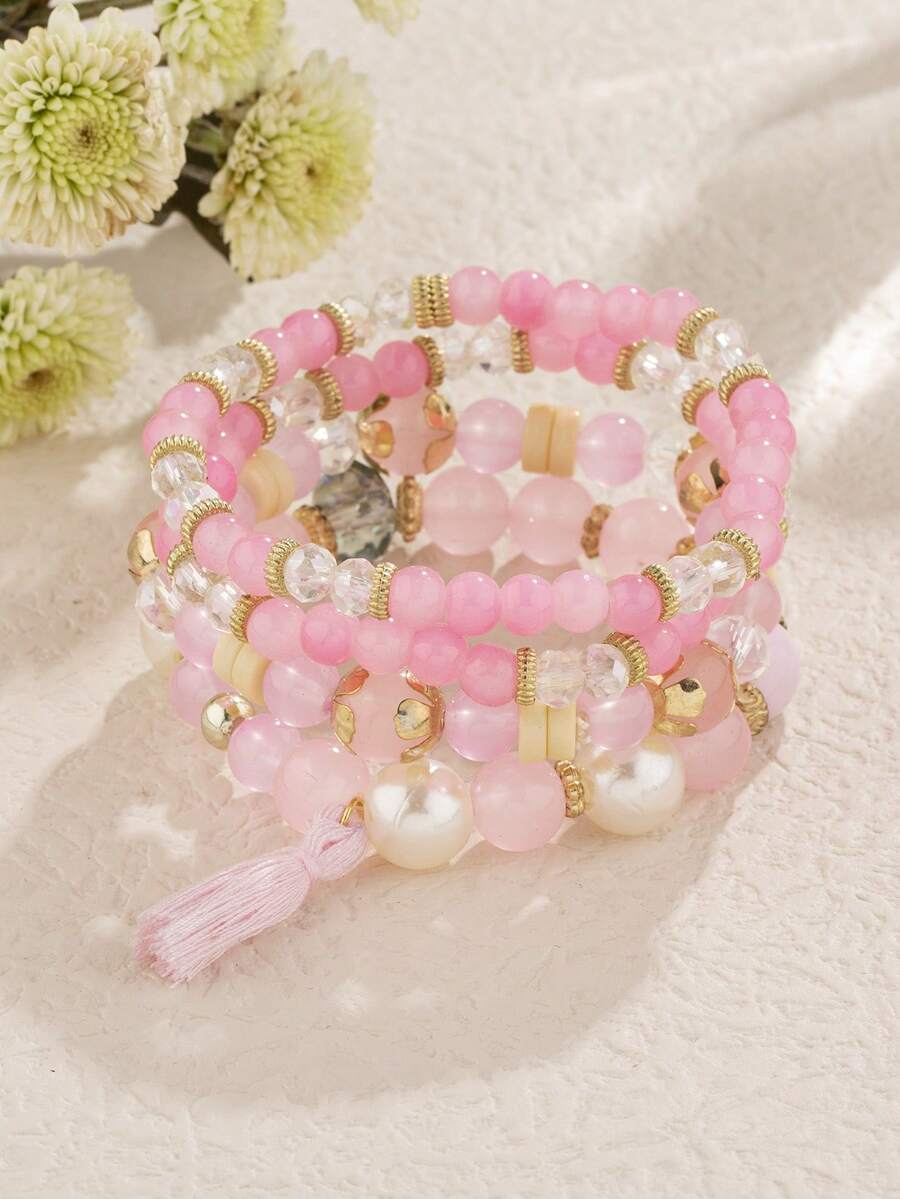 4pcs/Set Bohemian Style Multilayer Elastic Pink Beaded Handmade Bracelet Jewelry - Pink - View 1