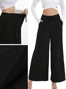 Ladies' Loose Wide Leg Pants With Pockets, Drawstring, Perfect For Street Walks And Office Wears - Black - View 4