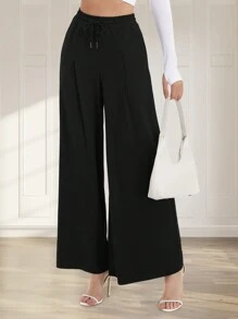 Ladies' Loose Wide Leg Pants With Pockets, Drawstring, Perfect For Street Walks And Office Wears - Black - View 1