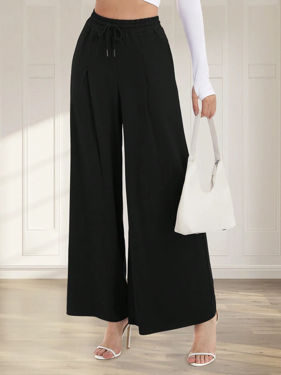 Ladies' Loose Wide Leg Pants With Pockets, Drawstring, Perfect For Street Walks And Office Wears - Black - View 1