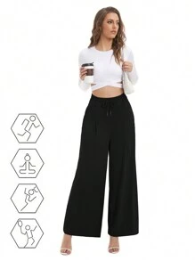 Ladies' Loose Wide Leg Pants With Pockets, Drawstring, Perfect For Street Walks And Office Wears - Black - View 2