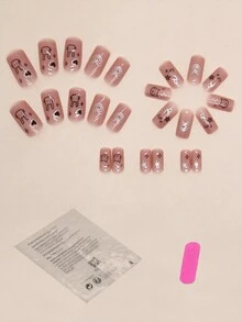 24入組短方形卡通指甲藝術貼紙+1張指甲銼+1個果凍凝膠 - 彩色 - 查看 2