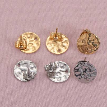 10pcs Stainless Steel Round Stud Earrings, Asymmetrical Texture With Hole, For Diy Earring Making