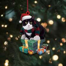 1入3mm厚度白色亞克力材質雙面印刷可愛黑貓聖誕樹吊飾,車用飾品,農舍客廳臥室戶外節日裝飾聖誕