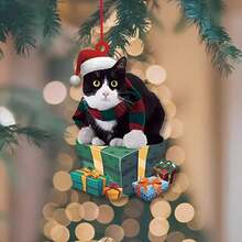 1入3mm厚度白色亞克力材質雙面印刷可愛黑貓聖誕樹吊飾,車用飾品,農舍客廳臥室戶外節日裝飾聖誕