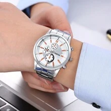 男士不鏽鋼帶商務休閒手錶,條形標記和石英運動 - 銀色 - 查看 2