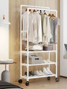 3-tier White Movable Clothes Hanger, Coat Rack, Shoe Rack With Wheels, Floor-standing - White - View 2