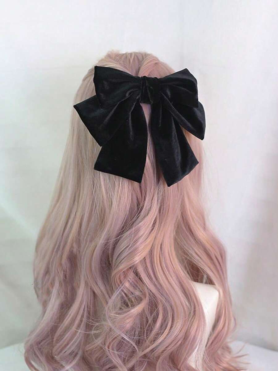 1 件裝女式黑色天鵝絨雙層蝴蝶結髮夾,帶絲帶,時尚簡約法式複古髮飾,適合日常佩戴