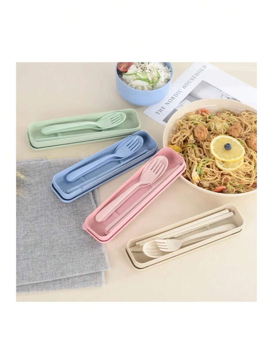 Set Cubiertos Portatiles Con Estuche Ecologicos Fibra Trigo Cuchara tenedor cuchillo estuche transportador comida - Rosa - Ver 1