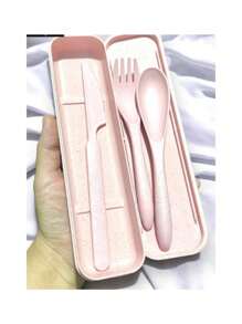 Set Cubiertos Portatiles Con Estuche Ecologicos Fibra Trigo Cuchara tenedor cuchillo estuche transportador comida - Rosa - Ver 9